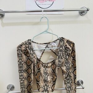 Brown Snake Print Long Sleeve Crop Top
